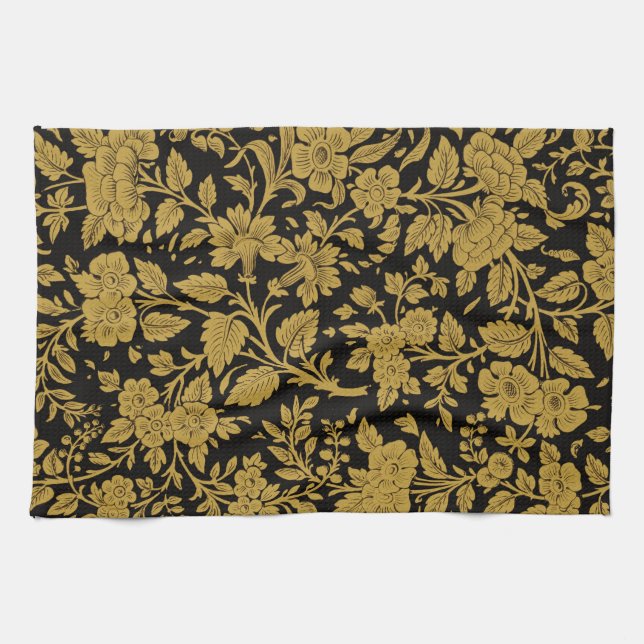 Antique Gold Floral Indian Lac-work Black Pattern Tea Towel (Horizontal)