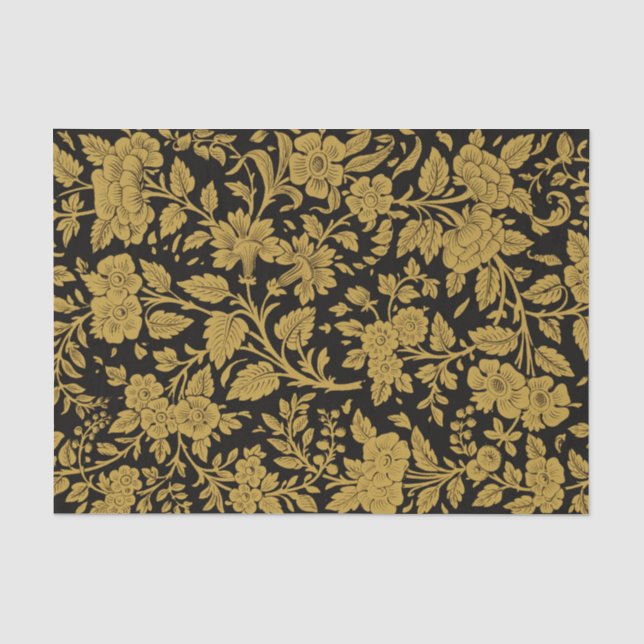 Antique Gold Floral Indian Lac-work Black Pattern Tissue Paper (Front)