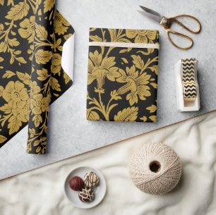 Antique Gold Floral Indian Lac-work Black Pattern Wrapping Paper