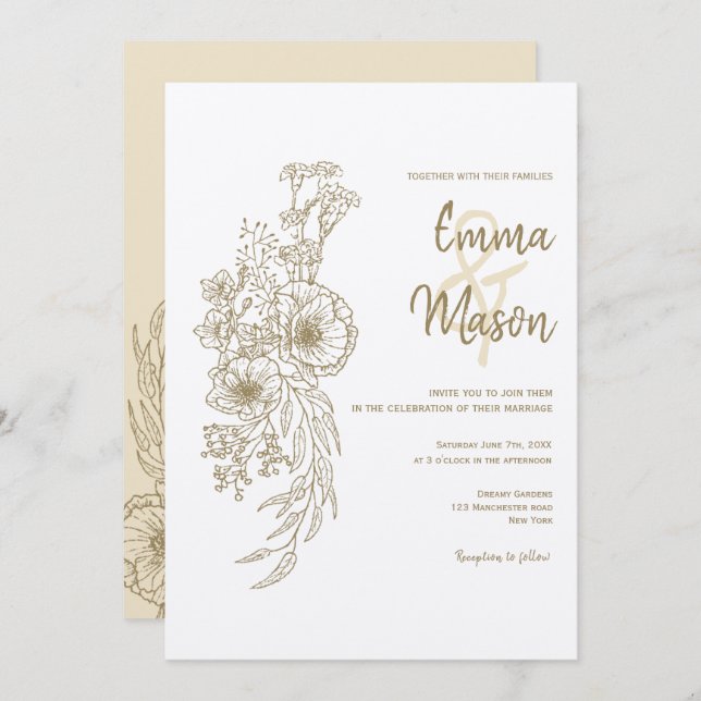 Antique Gold Floral Outline Invitation (Front/Back)