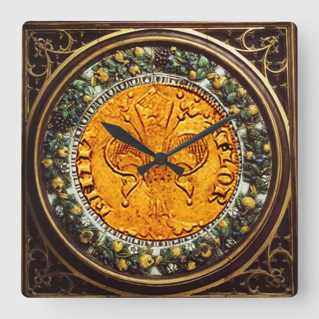 ANTIQUE GOLD FLORENTINE FORINT AND FLORAL CROWN SQUARE WALL CLOCK (Front)