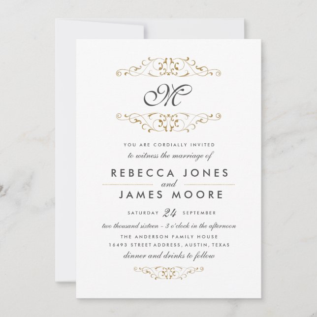 Antique Gold Flourish Monogram Wedding Invitation (Front)