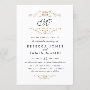 Antique Gold Flourish Monogram Wedding Invitation
