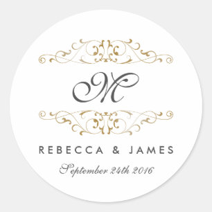 Antique Gold Flourish Monogram Wedding Stickers