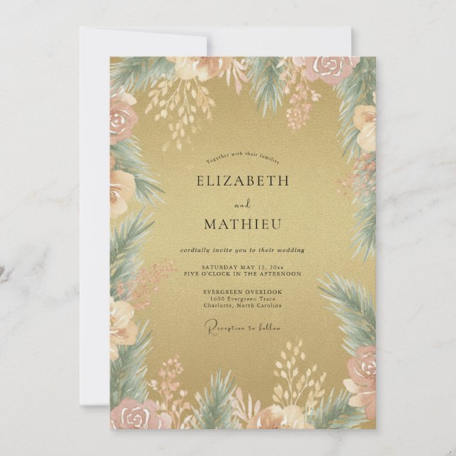 Antique Gold Foliage Eucalyptus Wedding Invitation (Front)