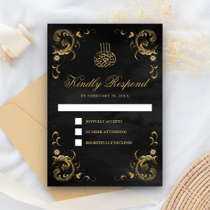 Antique Gold Frame Black Islamic Wedding RSVP Card