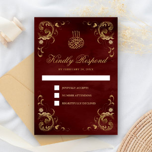 Antique Gold Frame Burgundy Red Islamic Wedding RSVP Card