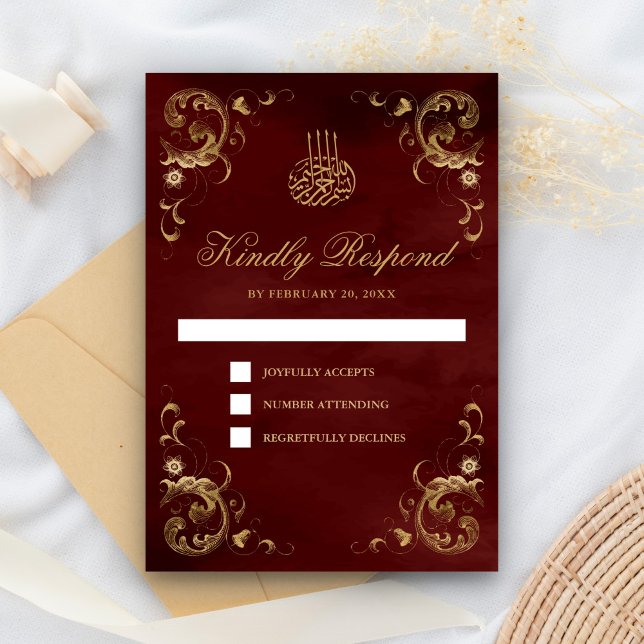 Antique Gold Frame Burgundy Red Islamic Wedding RSVP Card (Creator Uploaded)