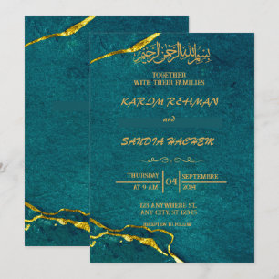 Antique Gold Frame Emerald Green Islamic Wedding Invitation