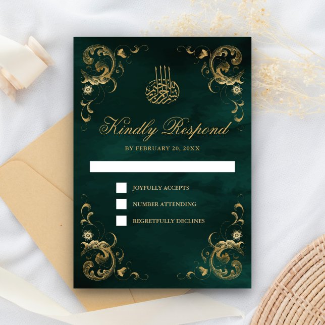 Antique Gold Frame Emerald Green Islamic Wedding RSVP Card (Creator Uploaded)