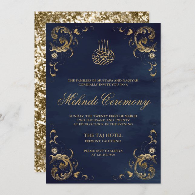 Antique Gold Frame Navy Blue Islamic Mehndi Invitation (Front/Back)