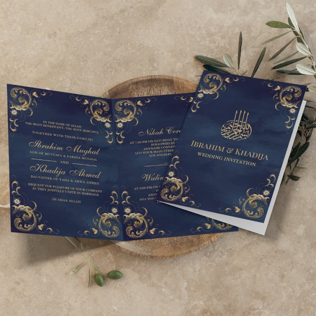 Antique Gold Frame Navy Blue Islamic Wedding Invitation (Creator Uploaded)