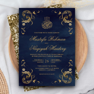 Antique Gold Frame Navy Blue Islamic Wedding Invitation
