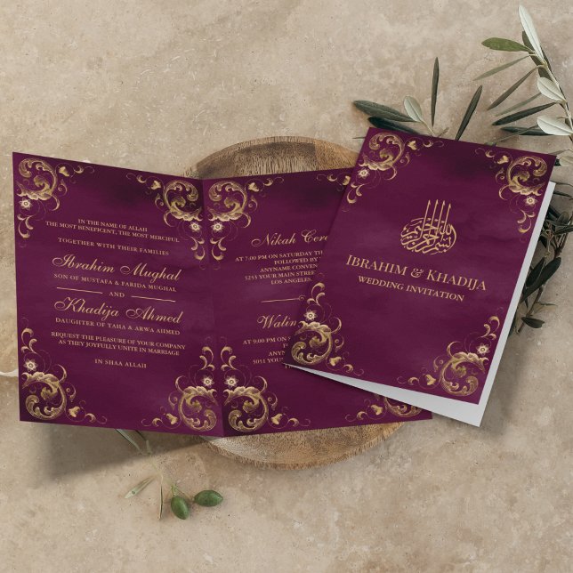 Antique Gold Frame Plum Purple Islamic Wedding Invitation (Creator Uploaded)