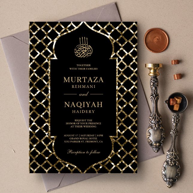 Antique Gold Glitter Frame Black Muslim Wedding Invitation (Creator Uploaded)