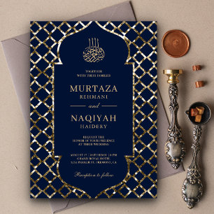 Antique Gold Glitter Frame Blue Muslim Wedding Invitation