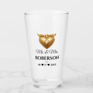 Antique Gold Heart Couples Name & Wedding Date Glass