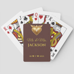 Antique Gold Heart Couples Name & Wedding Date Playing Cards