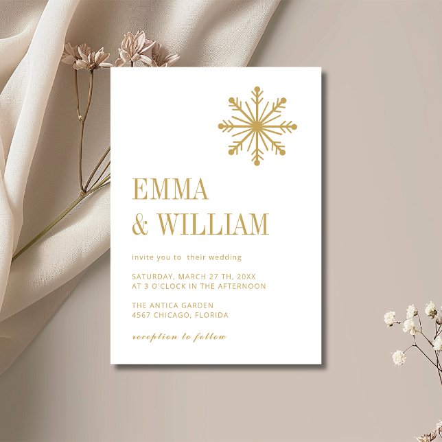 Antique Gold Minimal Snowflake Calligraphy Wedding Invitation (Creator Uploaded)