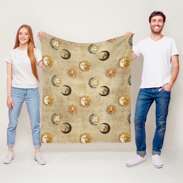 Antique Gold Moon Stars Cosmic Celestial Pattern Fleece Blanket (In Situ)
