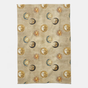Antique Gold Moon Stars Cosmic Celestial Pattern Tea Towel
