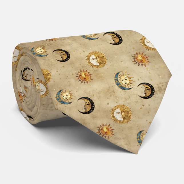 Antique Gold Moon Stars Cosmic Celestial Pattern Tie (Rolled)