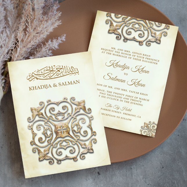 Antique Gold Motif Vintage Islamic Muslim Wedding Invitation (Creator Uploaded)