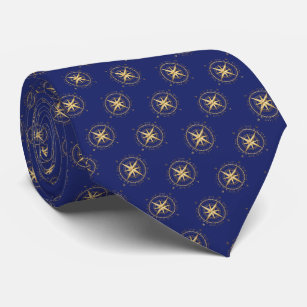 Antique Gold Nautical Compass on Navy Blue Pattern Tie