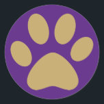 Antique Gold Pet Cat Dog Paw Purple Classic Round Sticker<br><div class="desc">Attention pet,  dog,  and cat lovers! Seal your holiday envelopes with this sticker featuring an antique gold paw print on a purple background. Decorate your Christmas presents with this sticker instead of plain old tape! Available in additional background colours. Matching cards,  wrapping paper,  return address labels,  and envelopes available.</div>