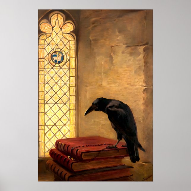 Antique Gothic Raven On Ancient Mediaeval Books Poster (Front)