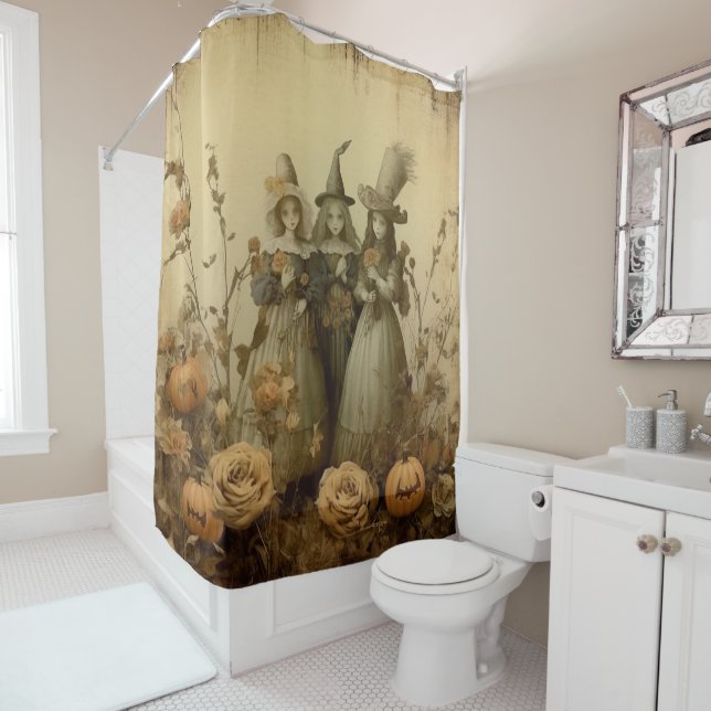 Antique Gothic Witch Trio Autumn Roses Shower Curtain (In Situ)