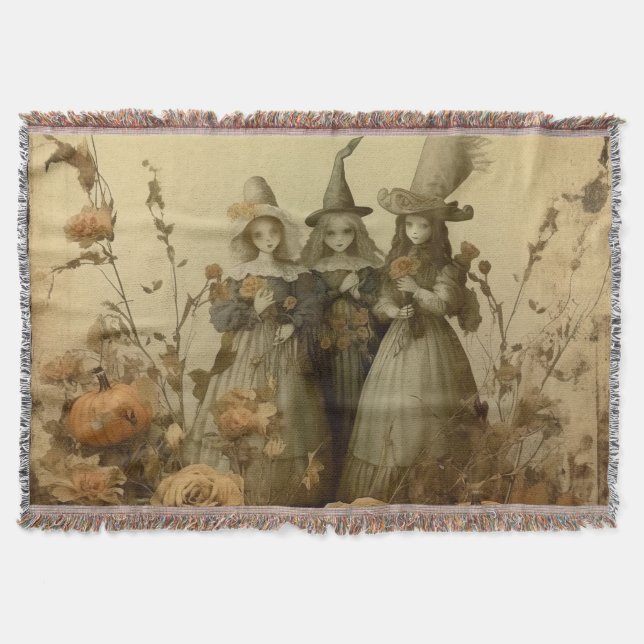 Antique Gothic Witch Trio Autumn Roses Throw Blanket (Front)