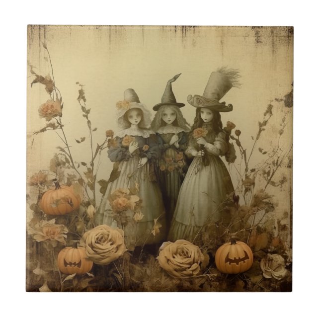 Antique Gothic Witch Trio Autumn Roses Tile (Front)