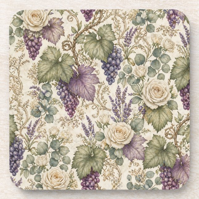 Antique Grapes, Lavender & White Roses Coaster (Front)