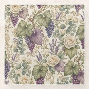 Antique Grapes, Lavender & White Roses Glass Coaster