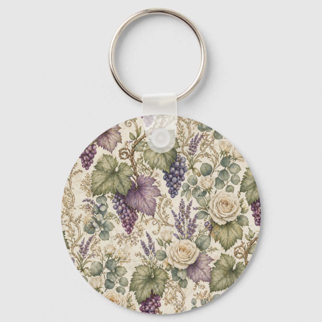 Antique Grapes, Lavender & White Roses Key Ring (Front)