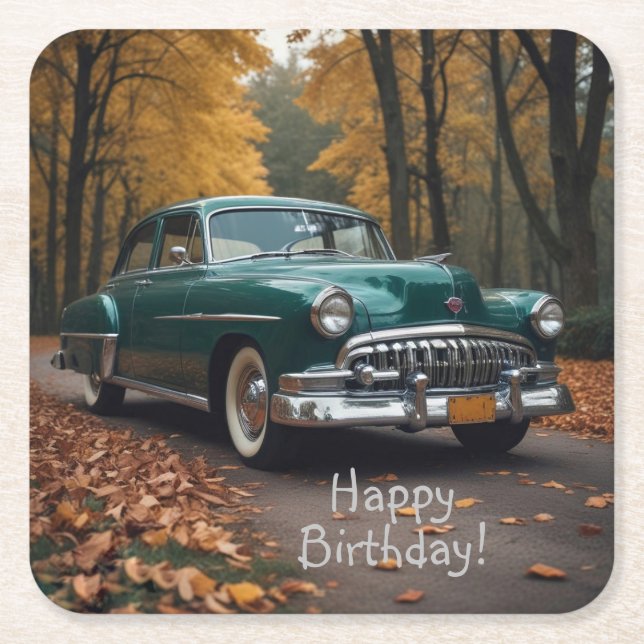 Antique Green Car Square Paper Coaster (Front)