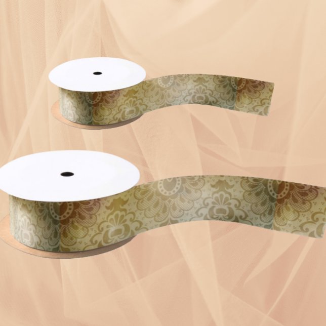 Antique Green Gold Damask  Satin Ribbon (Beautiful ribbon for crafting or gifting!)