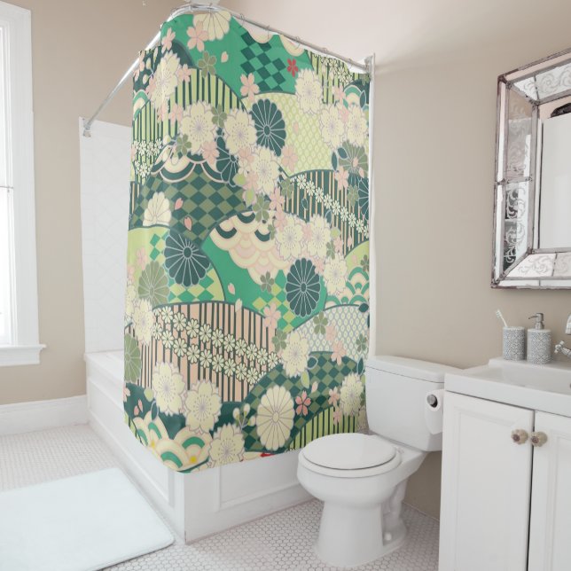 Antique Green Pink Japanese Kimono Floral Flower Shower Curtain (In Situ)