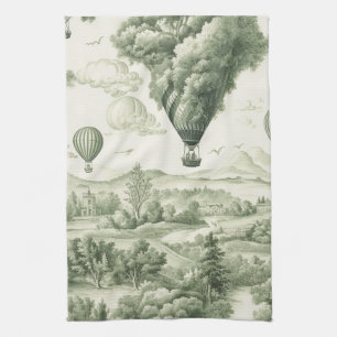 Antique Green Toile de Jouy Pastoral Pattern Tea Towel