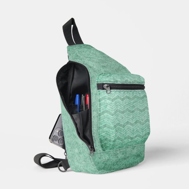 ANTIQUE GREEN ZIG ZAG TEXTURE LOOK SLING BAG (Open)