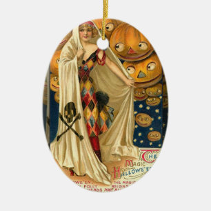 Antique Halloween Jack O Lantern Costume Woman Ceramic Tree Decoration