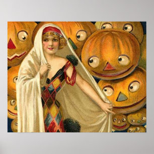 Antique Halloween Jack O Lantern Costume Woman Poster