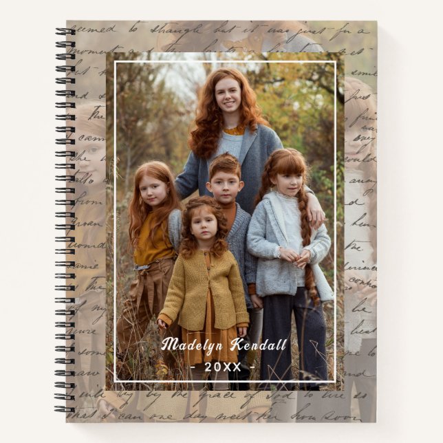 Antique Handwritten Script Personalized Photo Notebook (Front)