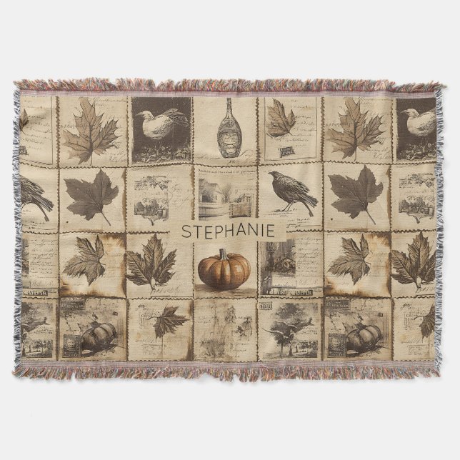 Antique Harvest Pumpkin Maple Leaf Sepia Throw Blanket (Front)