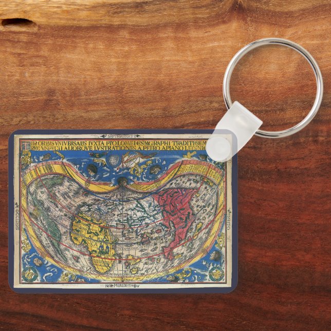 Antique Heart Shaped World Map by Peter Apian 1520 Key Ring (Front)