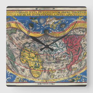 Antique Heart Shaped World Map by Peter Apian 1520 Square Wall Clock