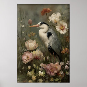 Antique Heron Flowers Print, Moody Botanical Poster