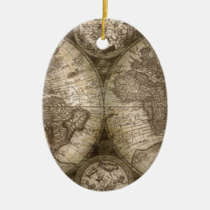Antique Historical Old World Atlas Map Continents Ceramic Tree Decoration