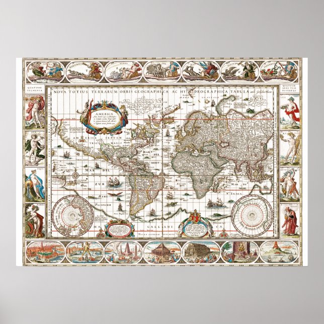 Antique Historical Old World Atlas Map Continents Poster (Front)